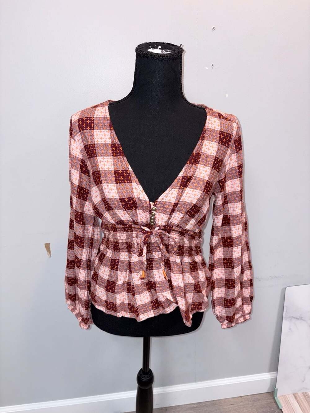 Pilcro and the Letterpress Anthropologie Plaid Embroidered Peplum Blouse Size S